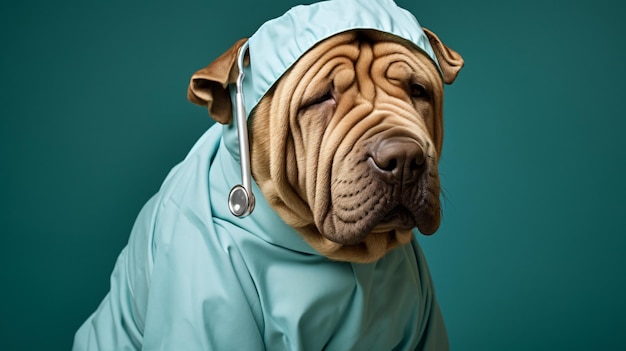 Foto retrato de un perro shar pei vestido con trajes médicos