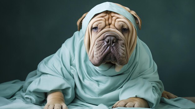 Retrato de un perro shar pei vestido con trajes médicos