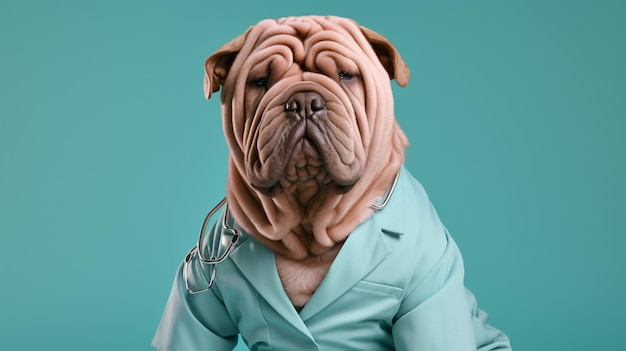 Foto retrato de un perro shar pei vestido con trajes médicos