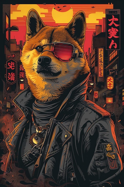 Retrato de un perro Shiba Inu con un abrigo de trincheras futurista que lleva un flyer de cartel cibernético aumentado