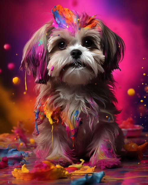 Retrato de un perro Shih Tzu adornado con intrincados colores del festival de Holi Sitti Pet Traje festivo Foto