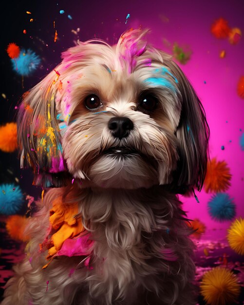 Retrato de un perro Shih Tzu adornado con intrincados colores del festival de Holi Sitti Pet Traje festivo Foto