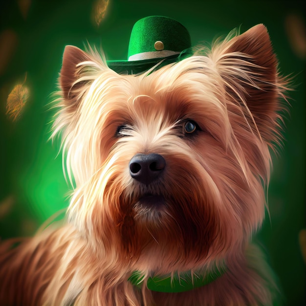 Retrato de perro con sombrero de duende Día de San Patricio Arte generativo de Ai