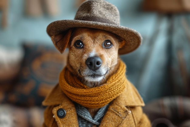 Retrato de un perro con sombrero y ropa de otoño