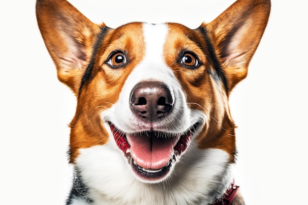 Retrato de perro sonriendo con todos sus dientes en una ilustración de ai generativa de fondo blanco