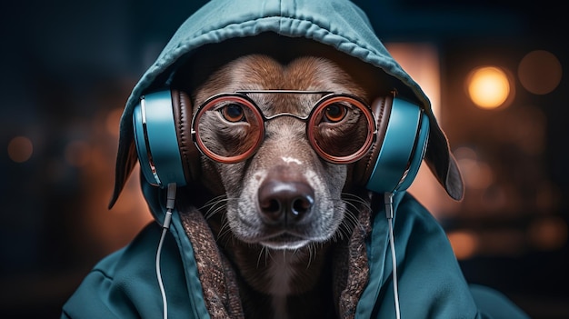 Retrato de un perro con un suéter y un teléfono móvil en las manos