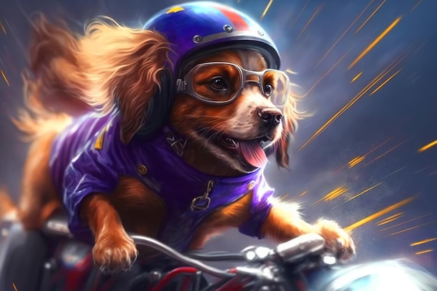 Retrato de perro superhéroe motociclista Divertida mascota esponjosa con gafas de casco púrpura y sacando la lengua montando rápido desenfoque de movimiento de motocicleta Ilustración creativa creada por AI generativa