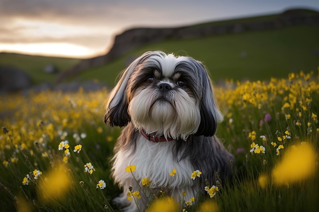 Retrato de un perro tranquilo shih tzu en un prado florido generado por IA