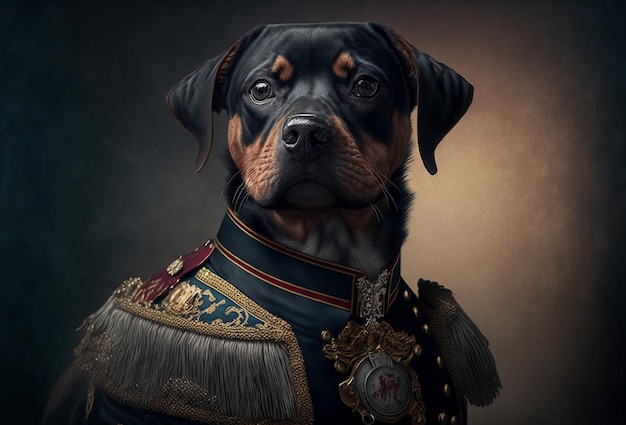 Un retrato de un perro con uniforme militar histórico Retrato de mascota con ropa Generativo ai