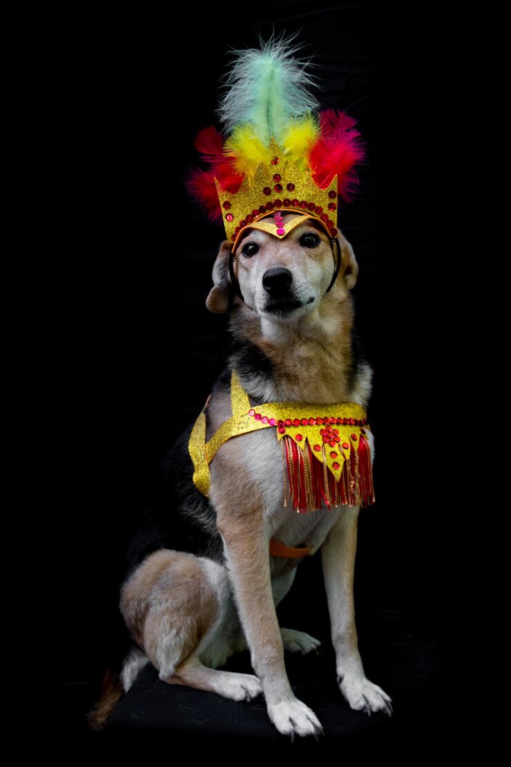 Retrato de un perro vestido de carnaval, con plumas, lentejuelas y brillos sobre un fondo negro