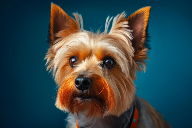 Retrato de un perro Yorkshire terrier en primer plano aislado en un fondo azul oscuro con IA generativa