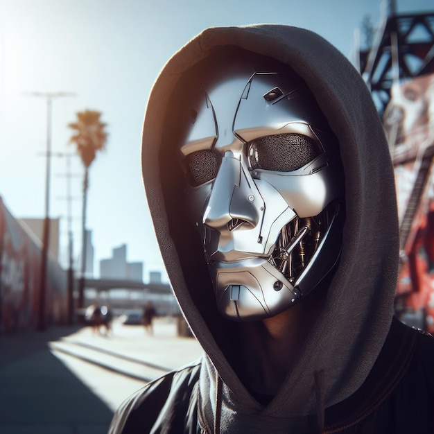 Foto retrato de una persona con una máscara de plata