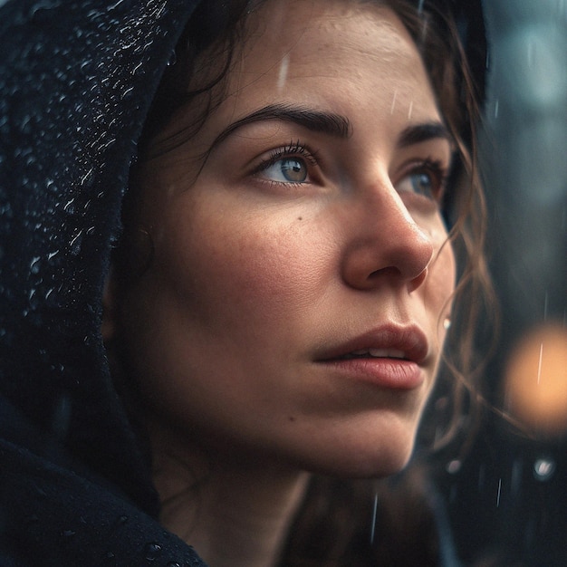 Retrato de persona real natural y primer plano de una mujer niña o mujer afuera en la naturaleza o un arte forestal