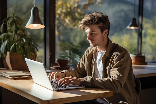 retrato de una persona usando su computadora portátil en una habitación con un escritorio