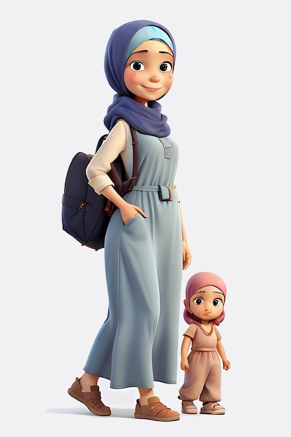 Un retrato de personaje en 3D de una mujer que usa un hiyab y sostiene un bolso como un personaje de Pixar