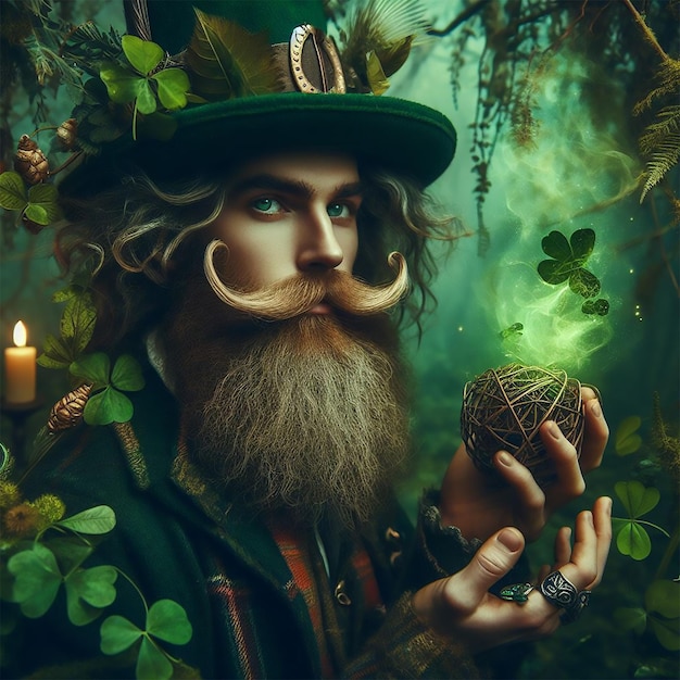 Retrato de un personaje místico duende rodeado de naturaleza y vegetación