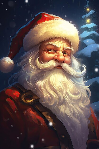 Retrato de personaje de Papá Noel sonriente con caja de regalos ilustración digital vertical para Navidad