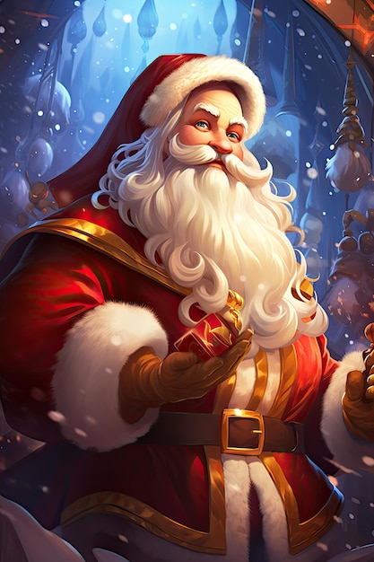 Retrato de personaje de Papá Noel sonriente con caja de regalos ilustración digital vertical para Navidad