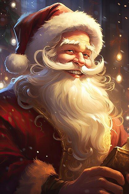 Retrato de personaje de Papá Noel sonriente con caja de regalos ilustración digital vertical para Navidad