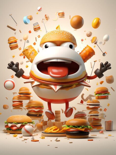 Retrato de personajes de pixar en 3d de hamburguesas