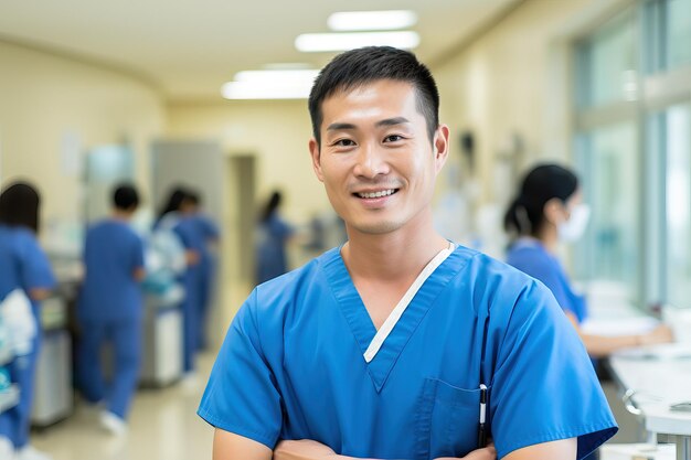 Retrato del personal de enfermería japonés que trabaja y lleva una camiseta de polo azul claro AI generativa