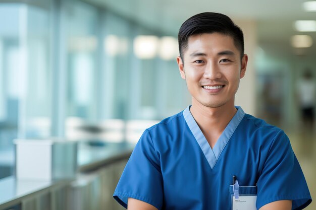 Retrato del personal de enfermería japonés que trabaja y lleva una camiseta de polo azul claro AI generativa