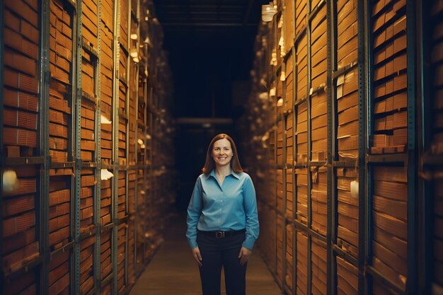 Foto retrato de personal femenino sonriendo mientras está de pie en el almacén red neuronal generada por ia