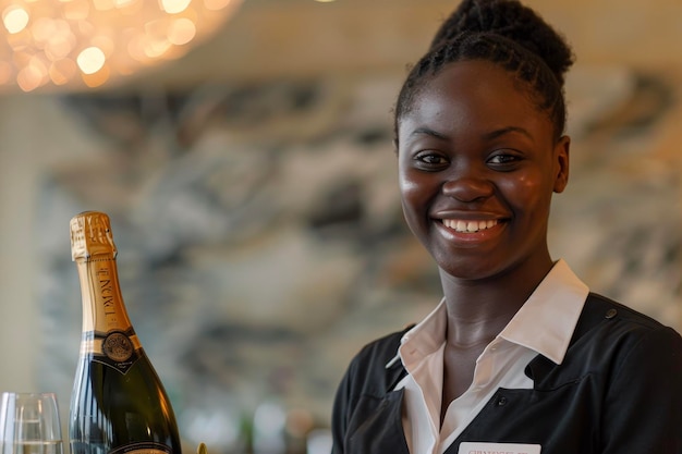 Un retrato de un personal del hotel sonriente con un uniforme y una etiqueta de nombre y sosteniendo una bandeja con una botella de champán y dos vasos