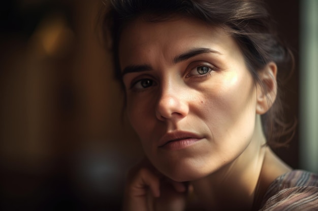 Retrato personal de una mujer contemplativa perdida en sus pensamientos con una iluminación difusa suave y sutil