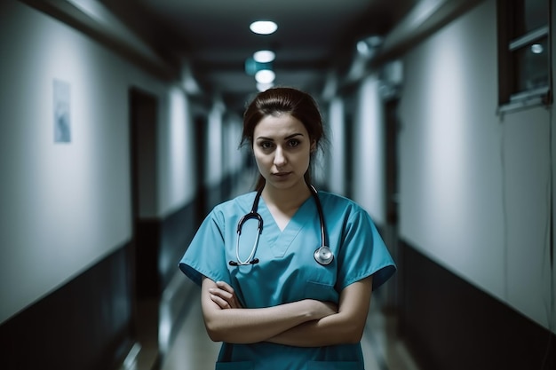 Retrato de personas y enfermera del hospital en un pasillo para el seguro médico