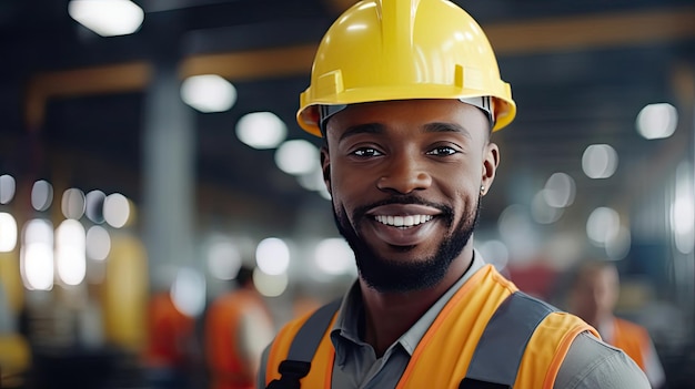 Retrato de personas negras ingeniero masculino en chaleco de seguridad y casco profesional personas negras hombre que trabaja en la fábrica de fabricación moderna Ai generativo
