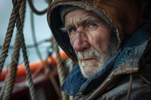Retrato de un pescador anciano con rasgos desgastados Experiencia de vida y concepto de narración