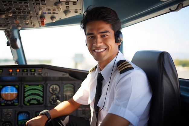 Foto retrato de piloto en la cabina del avión piloto masculino confiado en uniforme sentado en la cabina de la aeronave cerca del panel de control