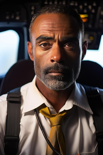 Foto retrato de un piloto confiado sentado en la cabina del avión y mirando a la cámara