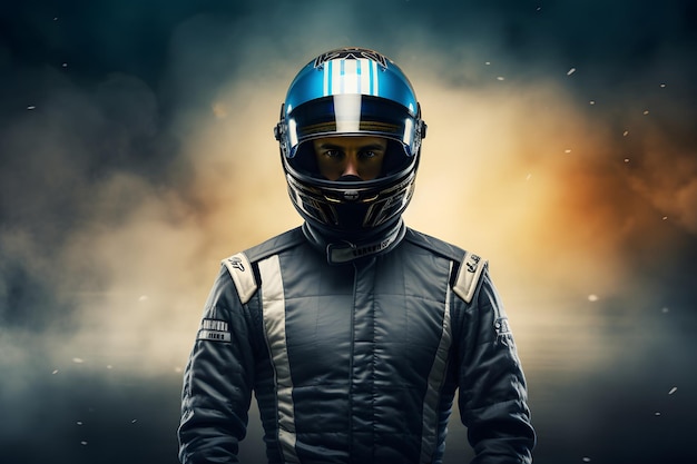 Retrato del piloto de F1 con casco de piloto de fórmula uno parado en la pista de carreras después de la competencia