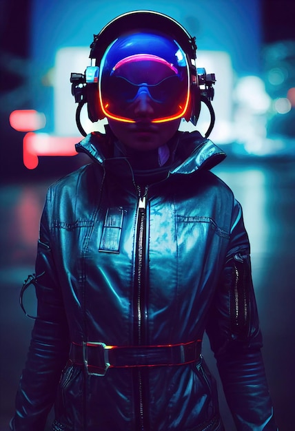 Retrato de una piloto futurista ficticia con casco de aviación y traje de piloto.