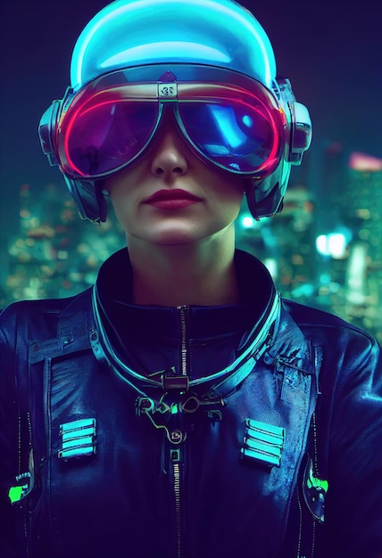 Retrato de una piloto futurista ficticia con casco de aviación y traje de piloto