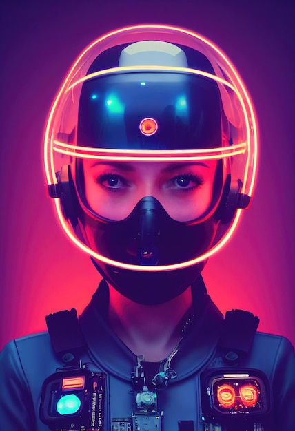 Retrato de una piloto futurista ficticia con casco de aviación y traje de piloto