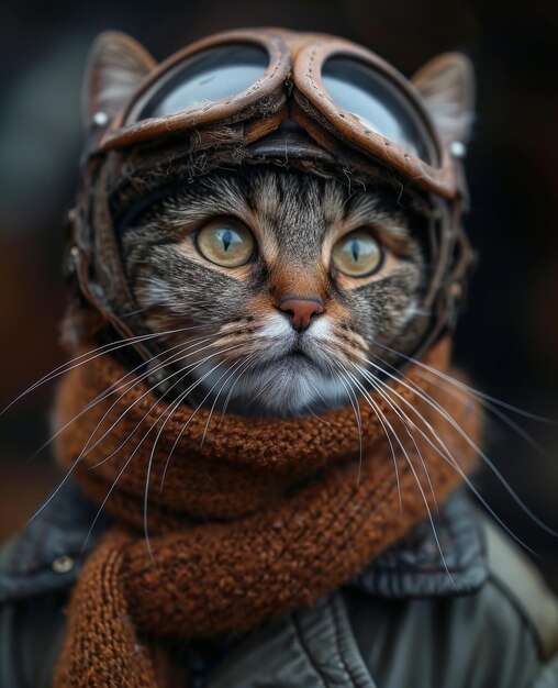 Retrato de piloto de gato de época con casco y pañuelo pañuelo y abrigo