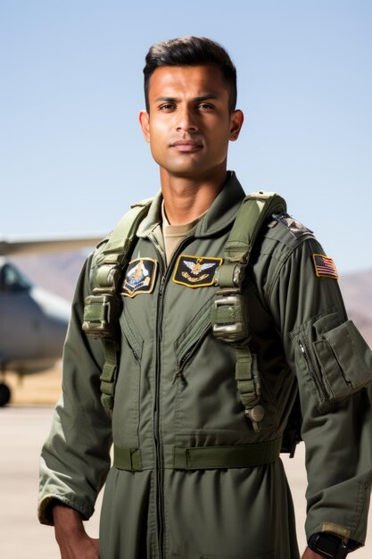 Retrato de un piloto masculino en traje de vuelo verde de pie frente a un avión militar