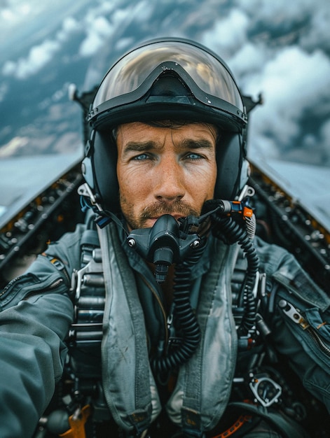 Retrato de un piloto que lleva casco y chaleco antiaéreo en la cabina de un avión de combate