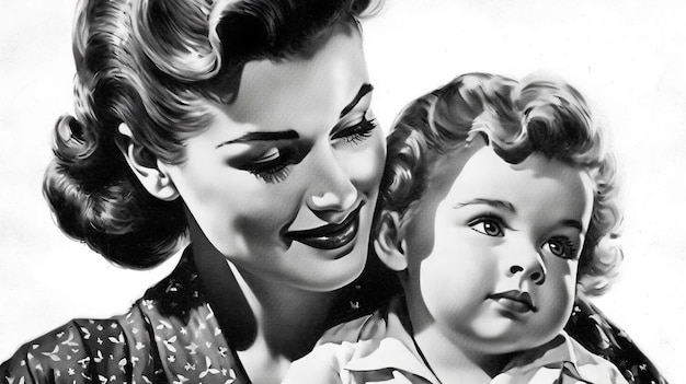 Retrato pintado de uma mãe e filha em um fundo branco IA gerada