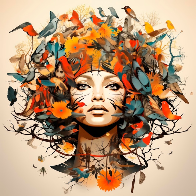 Retrato pintado de una hermosa chica con pájaros y flores en el cabello Ilustración de arte digital