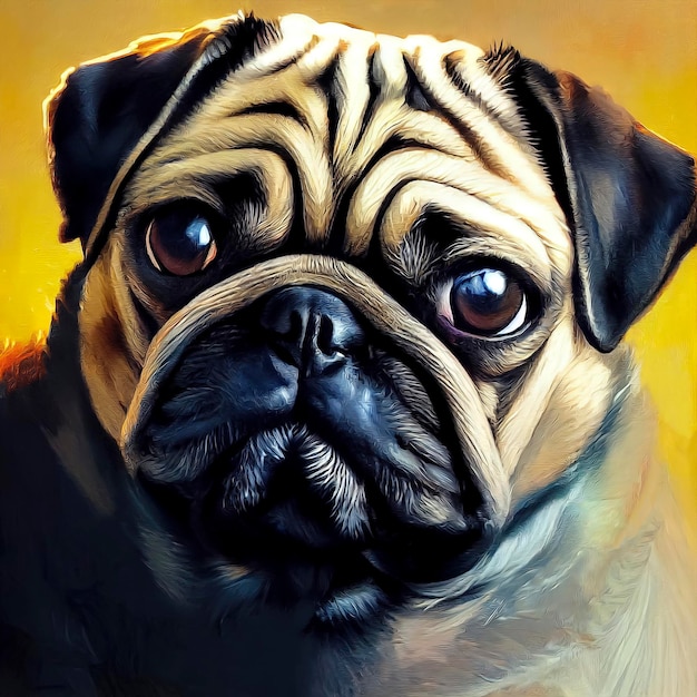 Retrato pintado de un perro pug