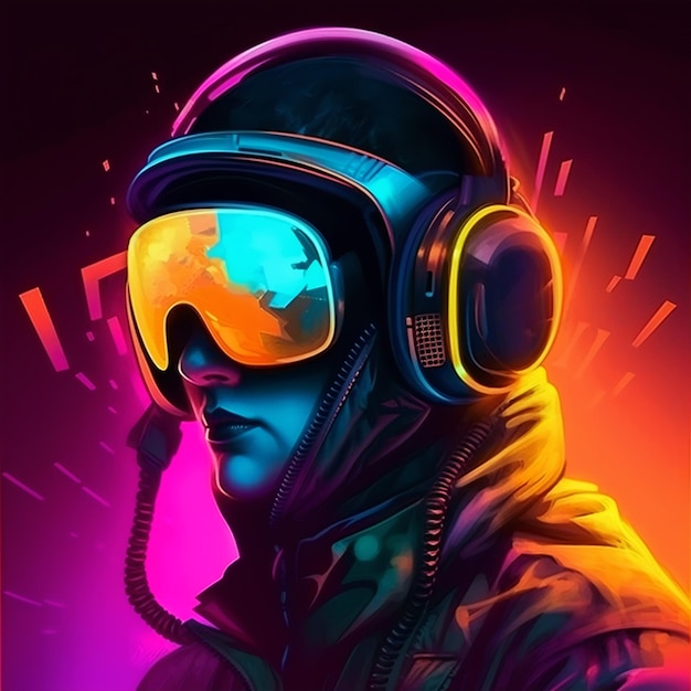 Retrato de pintura de una mujer piloto en un casco en estilo cyberpunk IA generativa