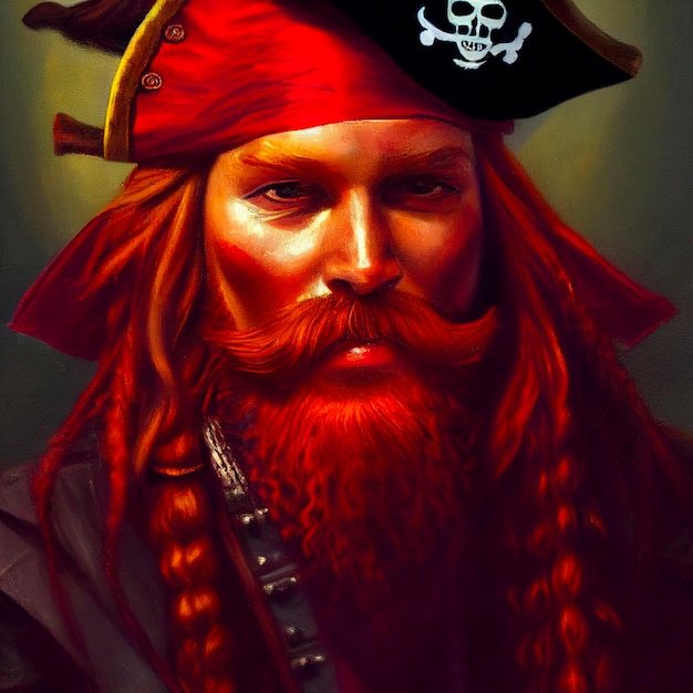 Retrato de pirata con barba roja y sombrero.