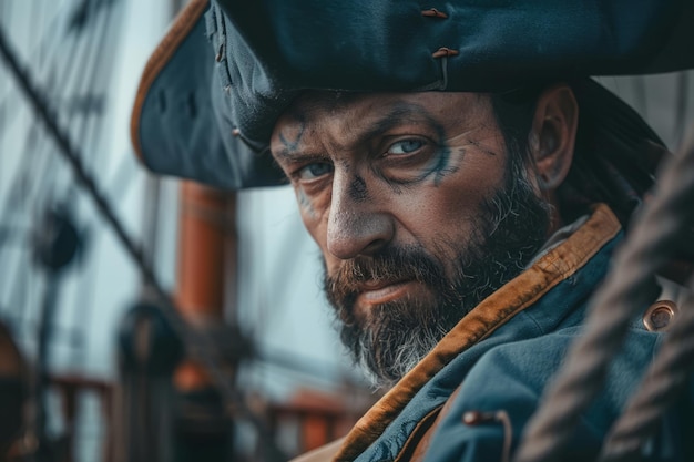 Retrato de un pirata medieval en el barco El ladrón del mar