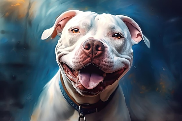 Retrato de un pitbull blanco amigable y adorable en colores carmesí claro y azul IA generativa