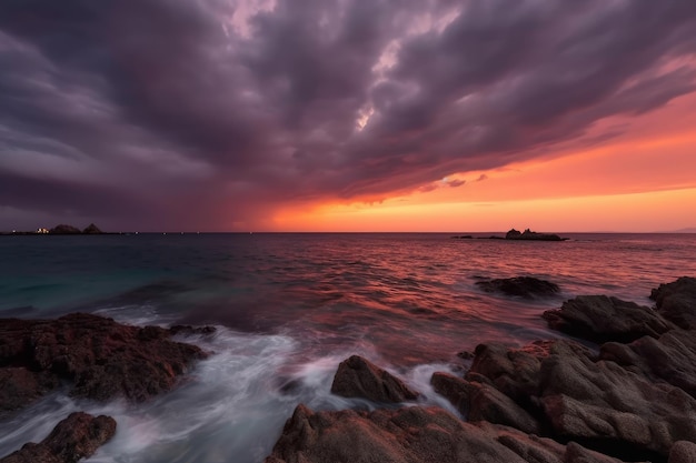 Retrato de la playa con un cielo espectacular durante la puesta de sol IA generativa