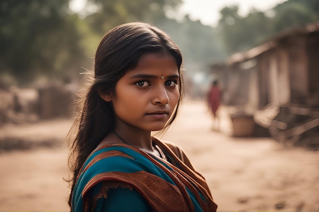 Retrato de una pobre niña india en la aldea